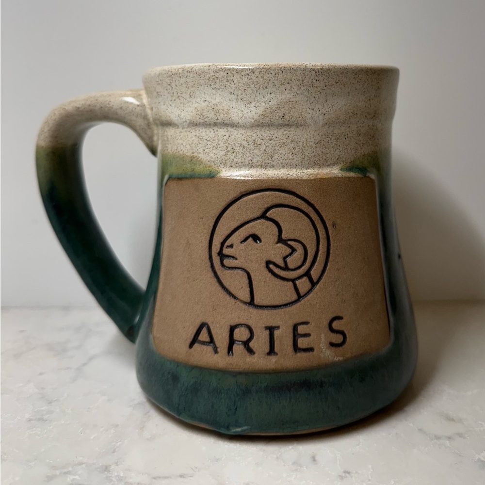 Aries Country Road Green Tan and Speckled Beige Ceramic Mug